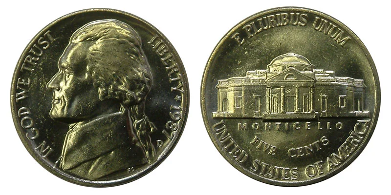 1987 Jefferson nickel obverse and reverse showing Thomas Jefferson portrait and Monticello