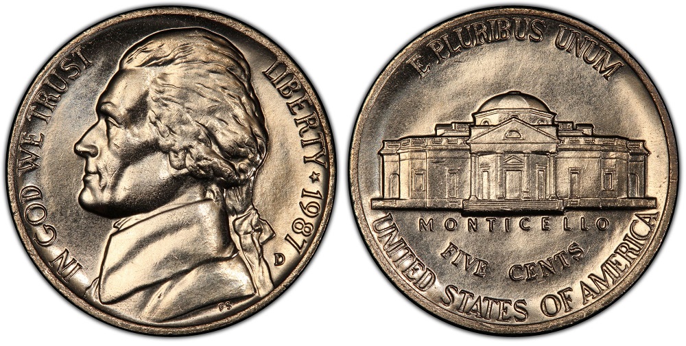 Side-by-side comparison of 1987 Jefferson nickel standard strike versus Full Steps designation showing complete Monticello steps