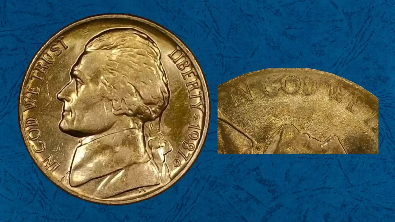1987 Jefferson nickel Doubled Die Obverse DDO close-up showing doubled date digits and LIBERTY lettering