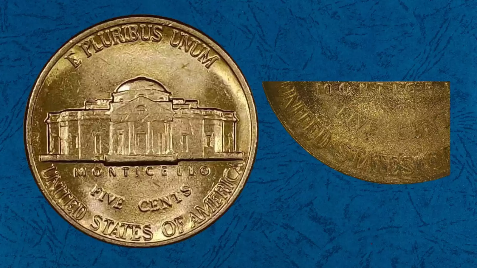 1987 Jefferson nickel Doubled Die Reverse DDR showing doubled MONTICELLO and FIVE CENTS text