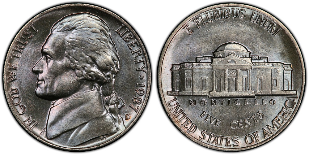 1987-D nickel Repunched Mint Mark RPM showing secondary ghost D impression offset from primary mint mark