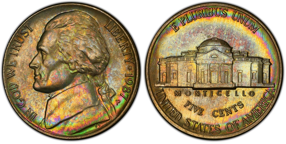 1987 Jefferson nickel grading strip showing four condition tiers from worn Good to gem MS66 uncirculated
